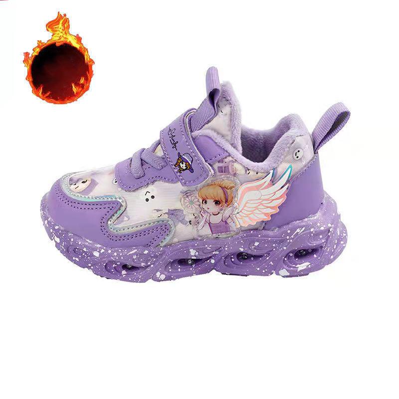 Girls' Shoes Light Up Winter Plush Girls' Sports Shoes Middle and Small Children's Little Girls' Princess Shoes