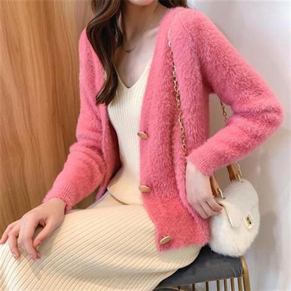 Autumn and Winter Casual Mohair Top Loose V-neck Knitted Sweater Cardigan Button Female Jacket