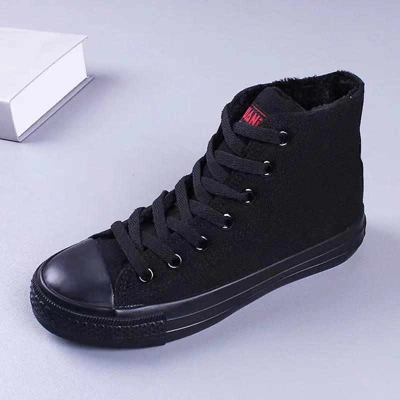 Plus Velvet Canvas Shoes Women's Winter Korean Style Sneakers All-match Non-slip All Black High-top Shoes