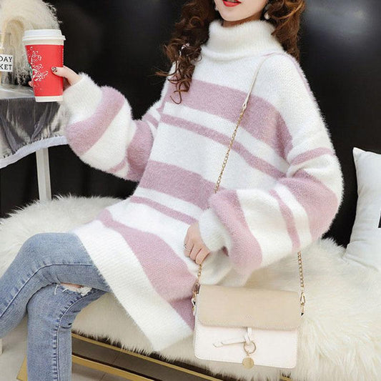 Autumn and Winter Mohair Loose Sweater High Neck Pullover Casual Top Thick Striped Women's Sweater