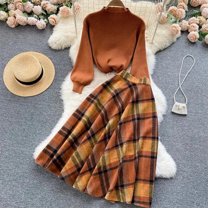 Two Piece Set Women Knitting Korean Elegant Conjunto Femenino Solid Sweater+plaid Long Skirts Autumn Winter Clothing