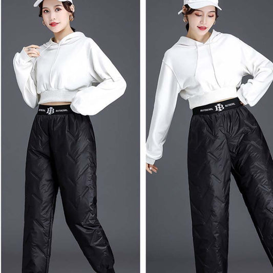 Down Pants Women's Outer Wear Thickened High Waist Slimming Double-sided Plus Velvet Cotton Pants Student Casual Bloomers Winter