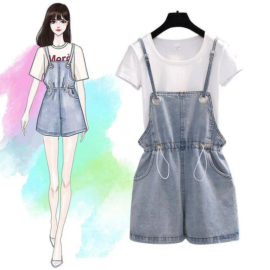 T-shirt Overalls Suits Women T-shirt  Elastic Waist Strap Denim Shorts Two Piece Short Set