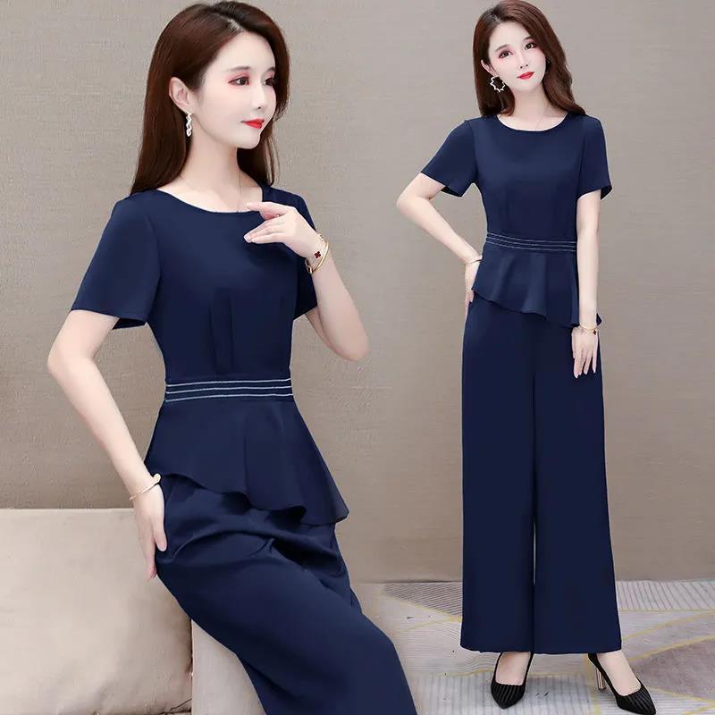 Simple Suit Loose Wide-leg Pants Round Neck Short-sleeved Shirt Two-piece Female Plus Size Slim Casual Women's Elegant Temperament