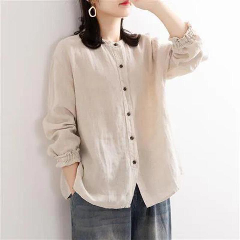 Literary Retro Spring and Autumn Cotton and Linen Shirt Women's Loose Round Neck Shirt Jacket Casual Jacket Closed Sleeve Top Women