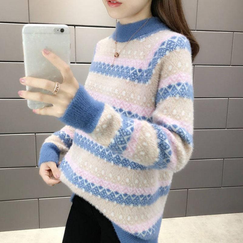 Autumn and Winter Mohair Loose Sweater Casual Jacquard Knitted Bottoming Shirt Thickened Pullover Women's Sweater