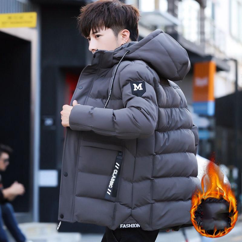 Winter Down Men's Padded Jacket Plus Velvet Thickening Youth Padded Hooded Jacket Trend Student Warm Jacket Fashion Slim Parker Clothing