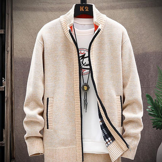 Autumn Men's Cardigan Sweater Thickened Warmth Sweatshirts for Young Men with Zipper Stand-up Collar Loose Coat