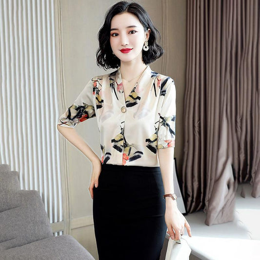 V-neck Shirt Women's Short-sleeved Summer Print Slim Shirt Loose Satin Shirt Temperament Elegant Suit with Shirt Inside