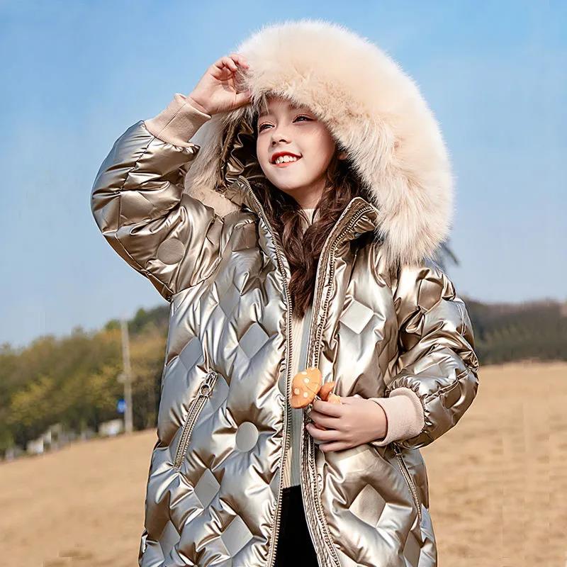 2021 Girl Waterproof and Snowproof Down Cotton Jacket Thick Hooded Faux Fur Collar Coat Children's Outerwear Playing In The Snow