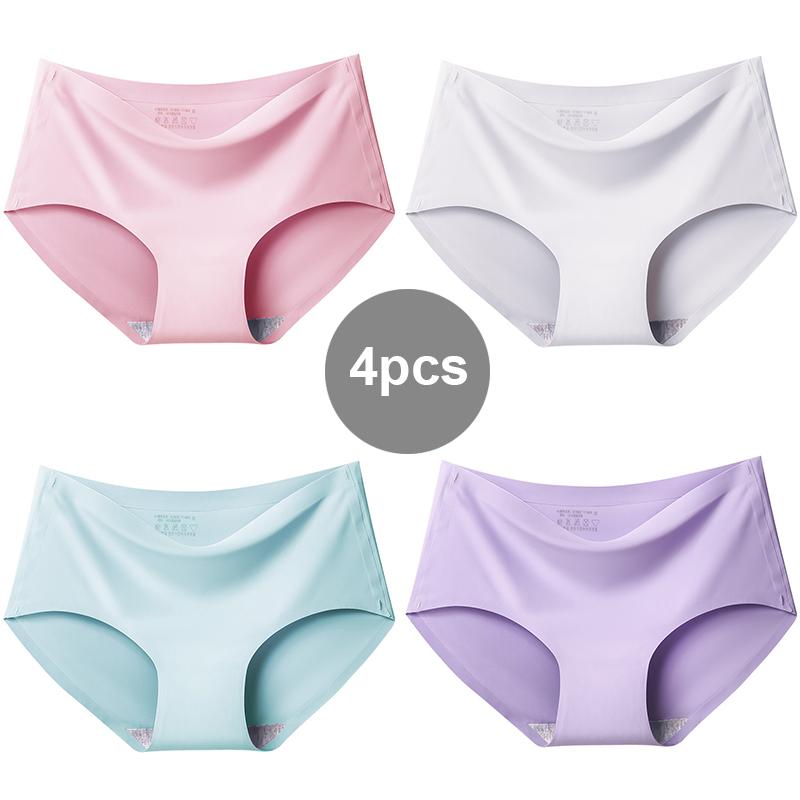 4PCS Summer Sexy Panties Women's Lingerie Solid Female Underwear Ice Silk Cool Ladies Briefs Comfort Seamless Pants