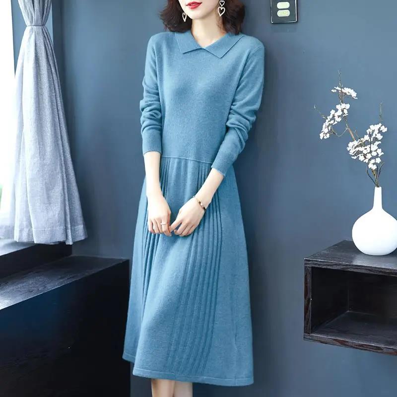 Knitted Dress Autumn and Winter 2021 Women's Skirt Loose and Thin Mid-length Long-sleeved Sweater Dress