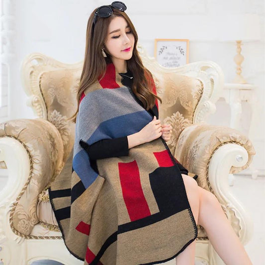 Female Imitation Cashmere Cloak Winter Thick Warmth, Ladies Temperament Shawl Cloak Can Be Worn Shawl Scarf Dual-use