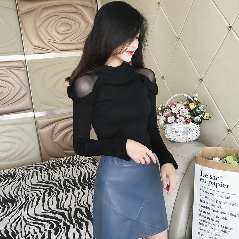 Mesh Stitching Half Turtleneck Top Long Sleeve Knit Pullover Sweater Slim Bottoming Shirt