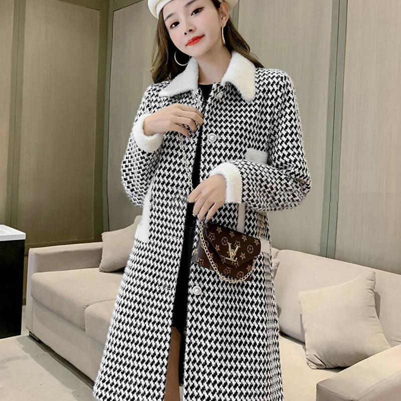 Women's Woolen Coat Mid-length Windbreaker Autumn and Winter Large Size Slim and Thin Western Style Houndstooth Coat Women