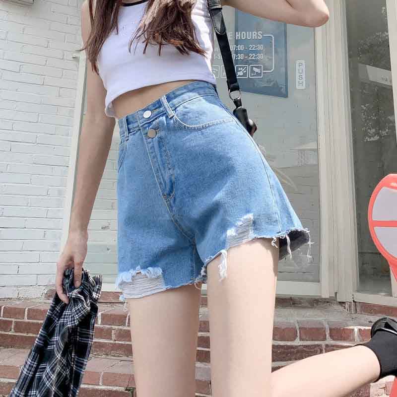 Denim Shorts Women's High Waist Summer Korean Style Loose and Thin A-line Ripped Pants