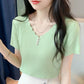 Women Summer Tops Vintage Large Size Short Sleeve Slim V-neck Buttons Knitted Thin Solid Color Casual Tops