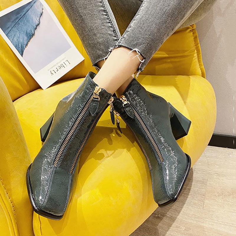 Women's Thick Heel Short Boots Fashion Martin Boots Patent Leather High Heels All-match Plus Fleece Boots