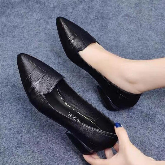 Soft Leather Thick Heel Single Shoes Women Pointed Mid-heel Women's Shoes Non-slip Work Shoes Low-heel Flat Black Women's Leather Shoes