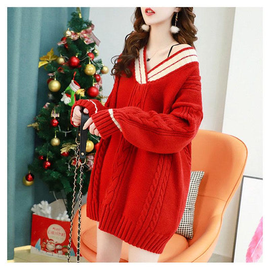 Autumn and Winter Red Sweater Loose Casual V-neck Tops Fashion Knitted Women Tops