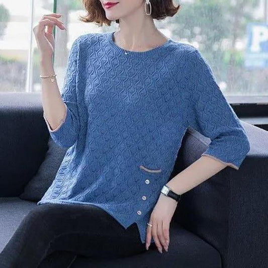 Women Knitted Shirt Solid Color Hollow T-shirt Three-quarter Sleeve Shirt Casual Comfortable Pullover Summer