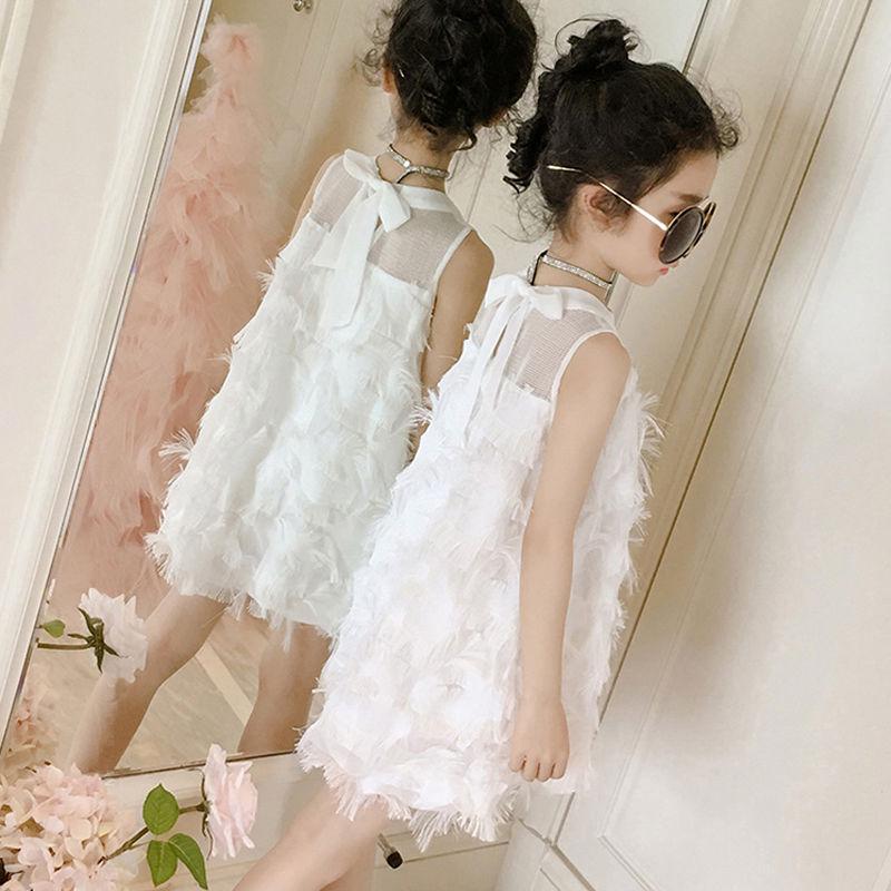 Summer Baby Girls Dresses Children's Clothing Girls Sweet Lovely Polka Feather Belt Sleeveless Vest Dress