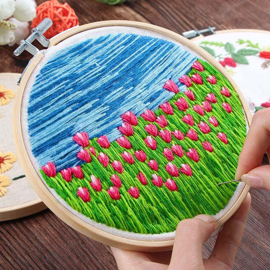 Floral Hand Cross Stitch Embroidery Cloth Starter Kits Needlepoint Color Threads Bamboo Hoop DIY