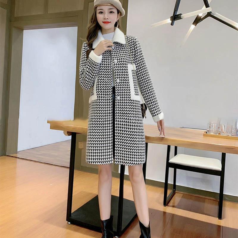 Women's Woolen Coat Mid-length Windbreaker Autumn and Winter Large Size Slim and Thin Western Style Houndstooth Coat Women