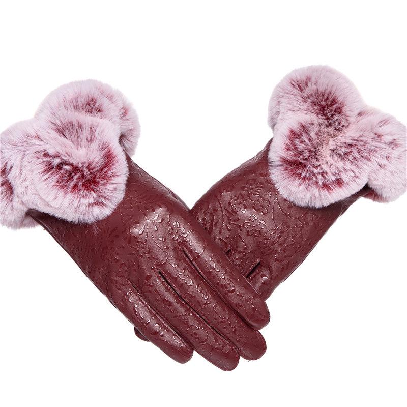 Leather gloves Thick gloves Woman fashion gloves Plush Cotton gloves Windproof gloves Winter Warm