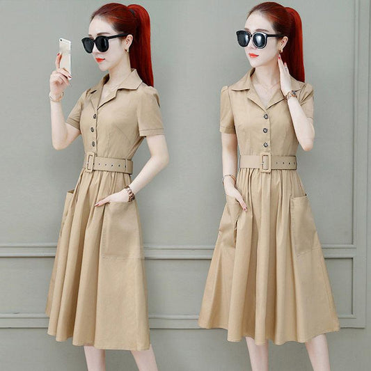 Dress Femininity Waist Fairy Skirt Short-sleeved Mid-length Skirt Casual Skirt Stand-up Collar Short-sleeved Mid-length Skirt