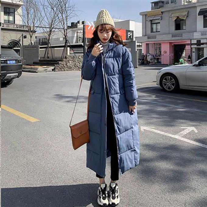 Winter Warm Down Padded Jacket Women's Loose Super Long Style Knee-to-ankle Padded Bread Jacket Stand-up Collar Hooded Down Jacket Sleeves Slim Fit