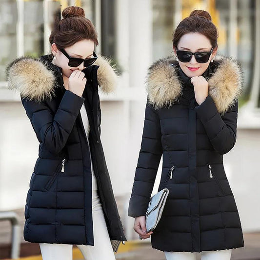 Down Jacket Winter Ladies Fashion Korean Big Fur Collar Thick Warm Hooded Mid-length Plus Size Cotton Jacket