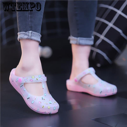 Summer Print Hole Shoes Women's Sandals Flat Jelly Shoes Beach Shoes Non-slip Slippers