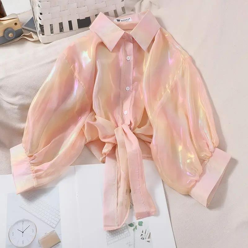 Rainbow Shiny Chiffon Shirt Sun Protection Shirt Loose Long Sleeve Cardigan Women's Thin Coat Casual Top  Women Shirts