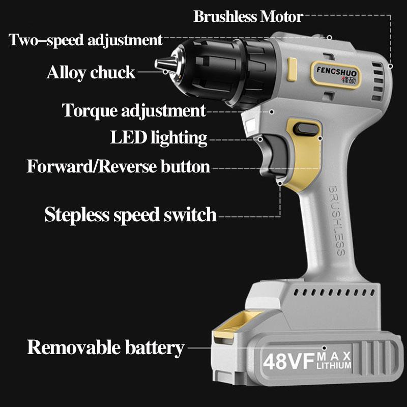 48V Luxury Impact Drill Set High Endurance Cordless Drill Electric Screwdriver with Two Batteries and Tool Box