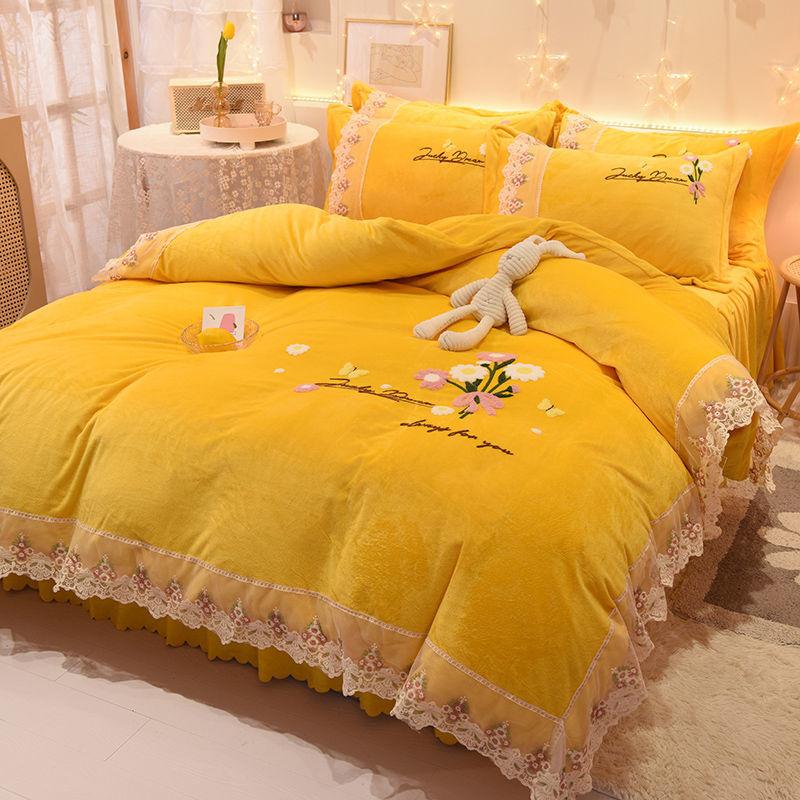 Thicken Plus Velvet Warm Coral Velvet Solid Color Fleece Bedding Princess Style High-grade Milk Velvet Four-piece Crystal Velvet