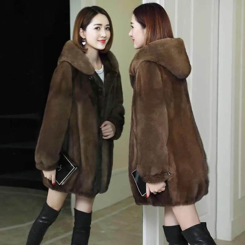 WTEMPO Winter Models of Imitation Mink Fur Coat Loose Mink Fur Coat Women's Hooded Mid-length Thickening