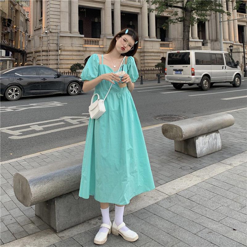 Women's Summer Solid Color Skirt Puff Sleeve Dress V-neck Midi Skirt