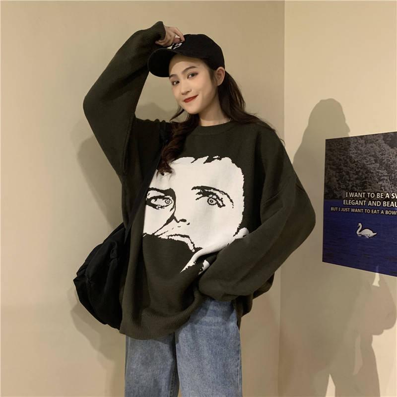 Pofulove Autumn Winter Korean Sweater Women Loose bf Wild Sweater Color Matching Round Neck Coat