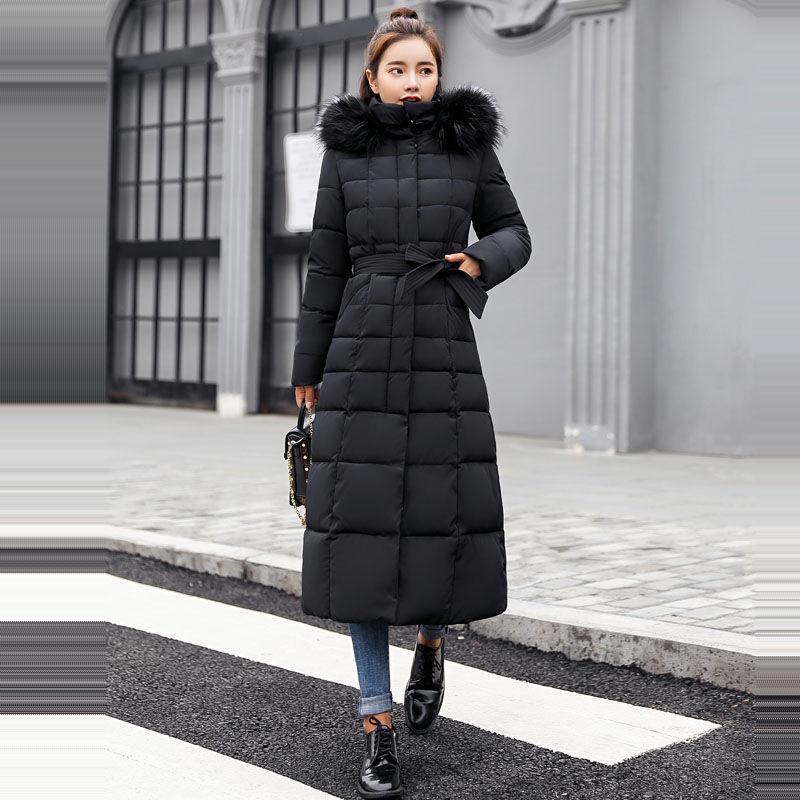 Winter Women's Down Cotton Padded Jacket Long Style Over The Knee Thickened Warm Women's Parka Coat Hooded Fur Collar Coat