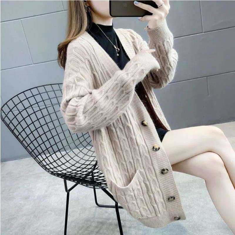 Women's Loose All-match Mid-length Knitted Sweater Cardigan Sweater Coat In Spring and Autumn