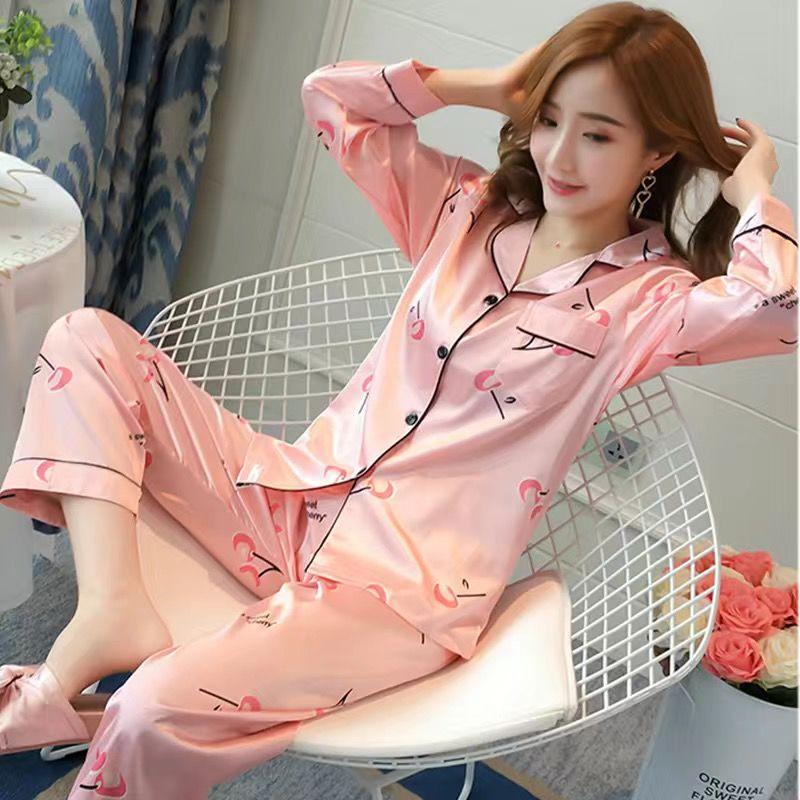 Ice Silk Long-sleeved Thin Women's Pajamas Sexy Korean Style Cute Spring and Summer Plus Size Two-piece Suit