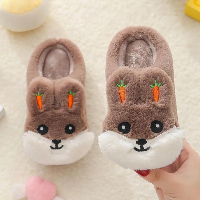 Winter Kids Slippers Cartoon Cute Rabbit Sliders Shoes for Boys Girls Toddler Slippers Plush Soft Fur Cotton Home Indoor Furry Children Baby Slippers