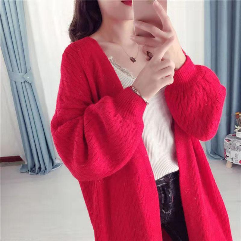 Autumn and Winter Casual Thick Sweater Knitted Cardigan Loose Top Mid-length Solid Color Women's Jacket