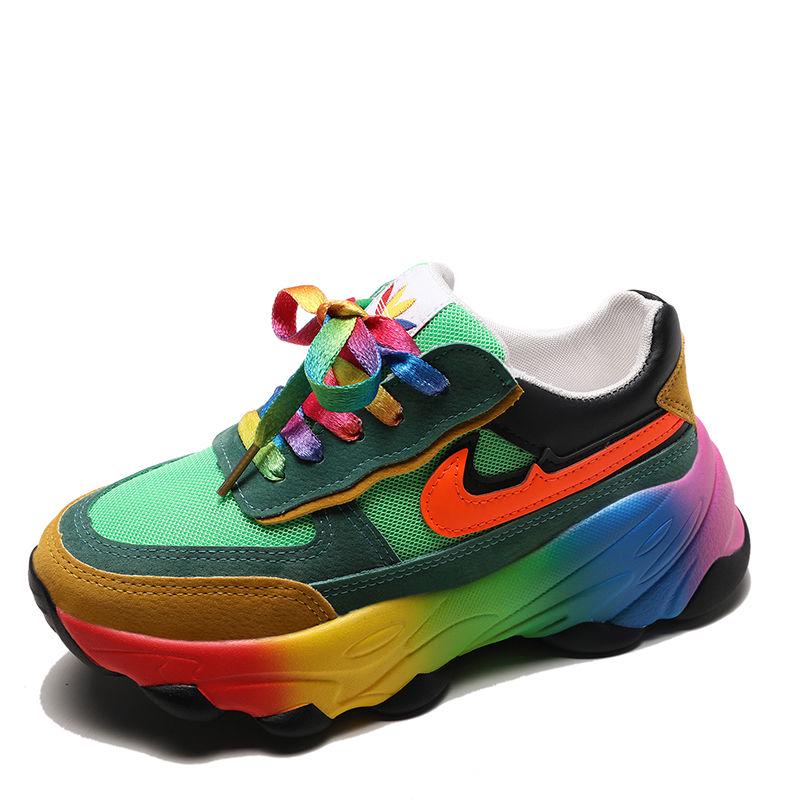 Daddy Shoes Women's Thick Bottom Increased Rainbow Shoes Students Korean Version of Wild Mesh Running Sports Shoes