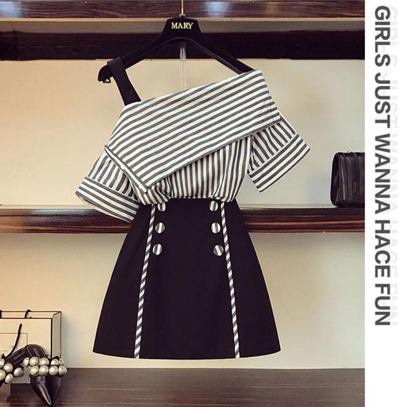 Summer Skirt Set Women Strap Off-Shoulder Striped Shirt Short Skirt Two-piece Set Fashion