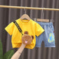 Children's Summer Boys Girls Short Sleeve Suit Casual Printed Bear Three-dimensional Pocket T-shirt Denim Shorts Two Piece Set