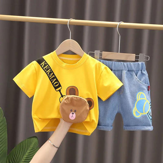 Boy's Suit Summer Short-sleeved Handsome Bear Bag Baby Half-sleeved Sports Child Two-piece Suit