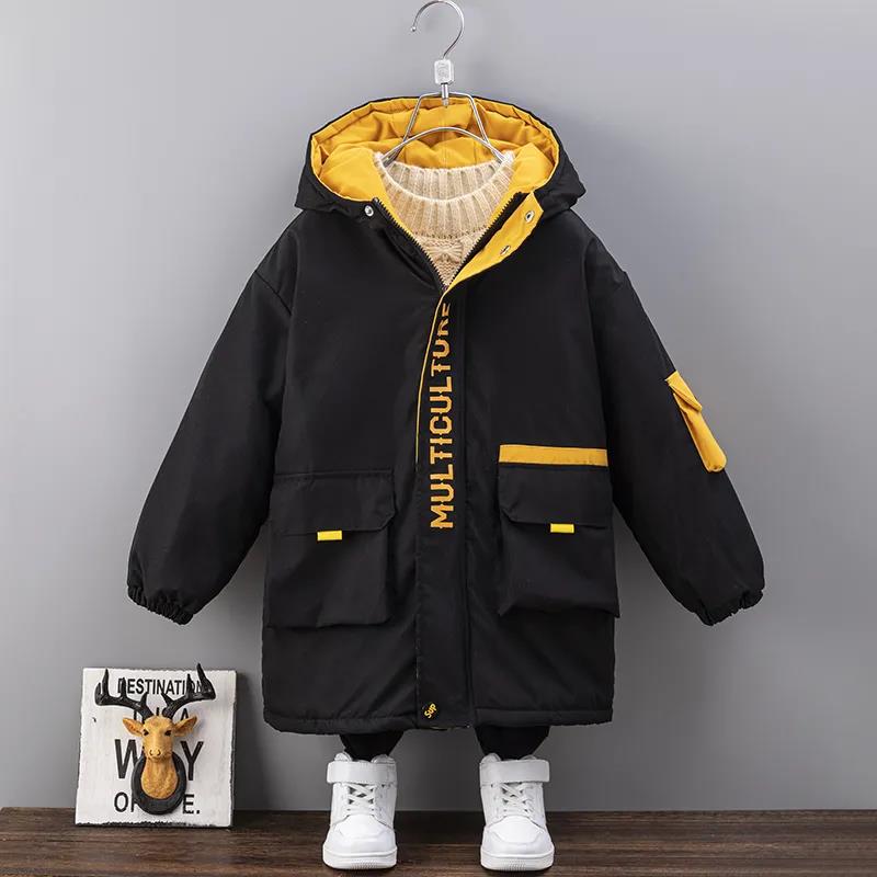 Boys Plus Fleece Padded Jacket Autumn and Winter Quilted Big Boy Handsome Mid-length Cotton Coat Children's Warm Windbreaker Jackets