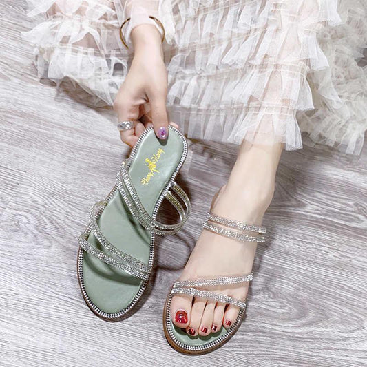 Plus Size 35-40 Summer Women Outdoor Rhinestones Flat Bohemian Beach Wear-resistant Non-slip Office Lady Sandals